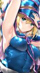  1girl arm_up armpits bangs bare_shoulders blonde_hair blush breasts closed_mouth covered_navel dark_magician_girl duel_monster from_below green_eyes hair_between_eyes hand_up hat highres holding holding_staff large_breasts long_hair looking_at_viewer nonohachi shiny shiny_clothes solo staff upper_body wizard_hat yu-gi-oh! 