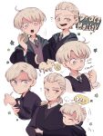  2boys apple black_robe blonde_hair blue_eyes draco_malfoy father_and_son food fruit green_apple harry_potter harry_potter:_the_cursed_child harry_potter_and_the_deathly_hallows harry_potter_and_the_philosopher&#039;s_stone highres hogwarts_school_uniform long_hair multiple_boys necktie older ponytail school_uniform scorpius_malfoy short_hair slytherin striped striped_neckwear 
