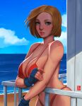  1girl bare_shoulders beach bikini blonde_hair blue_eyes blue_mary breasts highres huge_breasts looking_at_viewer md5_mismatch navel realistic short_hair solo swimsuit the_king_of_fighters volt_crocodile 