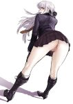  1girl :d akisora anal_hair ass bent_over black_gloves black_ribbon boots braid censored commentary_request danganronpa:_trigger_happy_havoc danganronpa_(series) from_behind full_body gloves hair_ribbon highres kirigiri_kyouko knee_boots kneepits long_hair looking_back mosaic_censoring necktie no_panties open_mouth pubic_hair purple_eyes purple_hair pussy ribbon simple_background skirt smile solo teeth white_background 