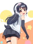  1girl absurdres african_penguin_(kemono_friends) bare_shoulders bent_over bike_shorts black_gloves black_hair black_shorts black_skirt commentary_request cowboy_shot elbow_gloves eyebrows_visible_through_hair gloves headphones highres hood hoodie kemono_friends long_hair looking_at_viewer looking_back microphone multicolored_hair official_alternate_costume open_mouth penguin_girl penguin_tail pink_hair pleated_skirt shiraha_maru shorts skirt sleeveless smile solo tail thigh_strap virtual_youtuber white_hair white_hoodie 