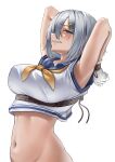  1girl absurdres armpits arms_behind_head arms_up bdsm blue_eyes blush bondage bottomless bound bound_wrists breasts clenched_teeth crop_top gloves hair_ornament hair_over_one_eye hairclip hamakaze_(kancolle) harris_hero highres kantai_collection large_breasts looking_at_viewer navel neckerchief out-of-frame_censoring parted_lips rope school_uniform serafuku short_hair short_sleeves silver_hair simple_background solo stomach sweat tears teeth underbust upper_body white_background white_gloves yellow_neckwear 