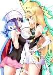 2girls absurdres bangs bare_legs bare_shoulders beanie blonde_hair breast_envy breasts chest_jewel cleavage cleavage_cutout closed_mouth clothing_cutout crossover daive dawn_(pokemon) dress earrings elbow_gloves eye_contact from_side gen_1_pokemon gen_4_pokemon gloves hand_on_hip hand_up hat highres jewelry large_breasts long_hair looking_at_another multiple_girls mythra_(xenoblade) namesake on_head on_shoulder pikachu piplup pokemon pokemon_(creature) pokemon_(game) pokemon_dppt pokemon_on_head pokemon_on_shoulder short_dress small_breasts smile standing swept_bangs thigh_strap tiara very_long_hair wavy_mouth white_dress white_footwear white_gloves white_headwear xenoblade_chronicles_(series) xenoblade_chronicles_2 yellow_eyes 