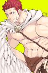  1boy abs bara bare_pectorals blue_eyes briefs brown_male_underwear bulge erection erection_under_clothes feather_collar feathers gakei3 greek_clothes harness heterochromia large_pectorals leaning_forward long_sideburns male_focus male_underwear muscular muscular_male navel nipples pectorals pollux_(tokyo_houkago_summoners) red_hair short_hair sideburns smile solo stomach tokyo_houkago_summoners underwear yellow_eyes 