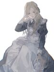  1girl bangs blonde_hair dress eyebrows_visible_through_hair green_eyes hand_in_hair hand_on_leg long_dress long_hair looking_at_viewer looking_down maid maid_headdress open_mouth original puffy_sleeves rd_chet sidelocks simple_background sitting solo white_background 