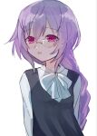  1girl alternate_costume arms_behind_back braid commentary_request eyebrows_visible_through_hair glasses hair_between_eyes highres long_hair neptune_(series) open_mouth purple_eyes purple_hair pururut rairai_vortex simple_background single_braid smile solo upper_body white_background 
