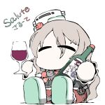  1girl ^_^ alcohol anchor boots bottle chibi closed_eyes colored_text cup drinking_glass food fruit grapes grey_hair hair_between_eyes hat holding italian_text kantai_collection long_hair long_sleeves mini_hat miniskirt necktie no_mouth pola_(kancolle) red_skirt simple_background sitting skirt sleeves_past_wrists solo task_(s_task80) tilted_headwear wavy_hair white_background white_footwear wine wine_bottle wine_glass 