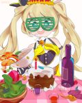  1girl bangs blonde_hair blue_eyes bottle bowl breasts cake cup eyebrows_visible_through_hair food headset highres looking_at_viewer medium_breasts nijisanji nijisanji_id onionsketch open_mouth salad shutter_shades smile solo spill twintails virtual_youtuber wine_bottle zea_cornelia 