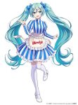  1girl :d apron aqua_eyes aqua_hair artist_name blue_bow blue_dress blush bow clothes_writing commentary_request company_name dress frilled_apron frills hair_bow hand_up hatsune_miku high_heels juliet_sleeves leg_up long_hair long_sleeves looking_at_viewer morikura_en official_art open_mouth puffy_sleeves simple_background smile solo standing standing_on_one_leg striped thighhighs twintails upper_teeth vertical-striped_dress vertical_stripes very_long_hair vocaloid waist_apron wendy&#039;s white_apron white_background white_footwear white_legwear zettai_ryouiki 