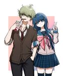  1boy 1girl amami_rantarou bangs black_legwear blue_eyes blue_hair blue_skirt bow brown_jacket bubble_tea collarbone collared_shirt commentary cowboy_shot cup danganronpa:_trigger_happy_havoc danganronpa_(series) danganronpa_v3:_killing_harmony disposable_cup drinking drinking_straw green_eyes hair_ornament hairclip hand_in_pocket hand_up highres jacket locked_arms long_hair maizono_sayaka necktie no_(xpxz7347) official_alternate_costume pink_bow plaid plaid_skirt pleated_skirt red_neckwear school_uniform serafuku shiny shiny_hair shirt skirt sleeves_past_wrists smile thighhighs v white_shirt zettai_ryouiki 