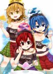  3girls bangs black_choker black_shirt blonde_hair blue_eyes blue_hair breasts chain choker cleavage clothes_writing collarbone earth_(ornament) eating eyebrows_visible_through_hair food gold_chain hair_between_eyes heart heart_print hecatia_lapislazuli hecatia_lapislazuli_(earth) hecatia_lapislazuli_(moon) ice_cream large_breasts medium_hair moon_(ornament) multicolored multicolored_clothes multicolored_skirt multiple_girls multiple_persona off-shoulder_shirt off_shoulder partially_submerged polos_crown red_eyes red_hair shirt skirt t-shirt table tongue tongue_out touhou water yellow_eyes zetsumame 
