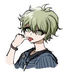  1boy :p amami_rantarou bangs danganronpa_(series) danganronpa_v3:_killing_harmony ear_piercing eyebrows_visible_through_hair finger_in_mouth green_eyes green_hair hair_between_eyes highres jewelry looking_at_viewer male_focus necklace no_(xpxz7347) open_mouth piercing shiny shiny_hair shirt short_hair simple_background solo striped striped_shirt tongue tongue_out tongue_piercing upper_body white_background 
