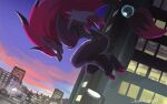  blue_eyes building city claws cloud commentary_request fangs gen_5_pokemon open_mouth outdoors pokemon pokemon_(creature) signature twilight uninori zoroark 