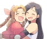  2girls aerith_gainsborough bangs black_hair bracer braid braided_ponytail brown_hair cheek-to-cheek closed_eyes colored_pencil_(medium) commentary_request cropped_jacket drill_hair drill_locks earrings elbow_pads final_fantasy final_fantasy_vii friends hair_ribbon hatching_(texture) heads_together hug jacket jewelry laughing long_hair multiple_girls open_mouth parted_bangs pink_ribbon puffy_short_sleeves puffy_sleeves red_jacket ribbon shirt short_sleeves simple_background single_braid smile straight_hair swept_bangs tifa_lockhart traditional_media tsubobot white_background white_shirt yuri 