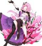  1girl absurdres bangs black_footwear black_gloves boots crystal elysia_(honkai_impact) flower full_body gloves grin hair_between_eyes hair_ornament highres honkai_(series) honkai_impact_3rd huge_filesize kirschma long_hair long_sleeves looking_at_viewer open_mouth pink_eyes pink_flower pink_hair pointy_ears ponytail simple_background single_glove smile solo thigh_boots thighhighs white_background 