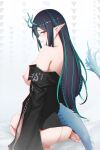  1girl arknights ass black_hair black_jacket breasts chinese_commentary commentary covered_nipples dragon_girl dragon_horns dragon_tail dusk_(arknights) facing_away full_body green_hair highres horns jacket large_breasts long_hair looking_at_viewer multicolored_hair naked_jacket nipples off_shoulder pointy_ears red_eyes seiza sideways_glance simple_background sitting slaz solo streaked_hair tail tail-tip_fire tail_through_clothes white_background 