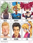  2boys 4girls bangs blonde_hair blue_eyes blue_headwear boku_no_hero_academia breasts brown_eyes brown_hair character_name ciel_(mega_man) dark-skinned_female dark_skin disgaea earrings english_commentary etna facial_hair flat_chest forehead hair_over_one_eye highres jacket jewelry kiryuu_kazuma kunio-kun_series kuramitsu_mihoshi looking_at_viewer medium_breasts mega_man_(series) mega_man_zero multiple_boys multiple_girls noize_(river_city_girls) one_eye_covered onionsketch pointy_ears ponytail red_eyes river_city_girls ryuu_ga_gotoku six_fanarts_challenge skull_earrings spikes stubble tenchi_muyou! togata_mirio twintails white_jacket wings 