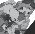  1girl armpits bare_shoulders breasts checkered checkered_neckwear collared_shirt dutch_angle earrings eyebrows_visible_through_hair eyes_visible_through_hair girls&#039;_frontline glove_in_mouth gloves goggles goggles_on_head greyscale hair_between_eyes highres jewelry large_breasts mole mole_under_eye monochrome mouth_hold shirt sig_mcx_(girls&#039;_frontline) sleeveless sleeveless_shirt solo taser tattoo undressing upper_body utsuda walkie-talkie white_background white_shirt 