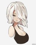  1girl breasts cleavage collarbone grey_background grey_eyes hair_over_one_eye halterneck highres large_breasts mole mole_under_mouth nier_(series) nier_automata one_eye_covered onionsketch parted_lips portrait short_hair solo white_hair yorha_no._2_type_b 
