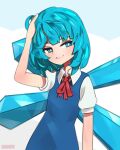  1girl artist_name bangs blue_dress blue_eyes blue_hair bright_pupils cirno collared_shirt dress eyebrows_behind_hair hand_on_head highres ice ice_wings no_headwear onionsketch parted_lips red_neckwear shirt short_hair smirk solo touhou white_pupils white_shirt wings 