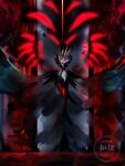  1boy absurdres beak bird blue_fur eldritch_abomination extra_eyes extra_teeth furry furry_male glowing glowing_eyes hat helluva_boss highres jihyun monster no_humans no_pupils open_mouth owl red_eyes shadow signature spoilers stolas_(helluva_boss) talons wings 