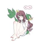  1girl bangs bare_arms barefoot blush brown_hair closed_mouth eyebrows_visible_through_hair eyelashes gen_5_pokemon green_eyes hagetapo hair_down hilda_(pokemon) knees long_hair looking_at_viewer pokemon pokemon_(creature) pokemon_(game) pokemon_bw servine shirt sidelocks sitting sleeveless sleeveless_shirt toes white_background 