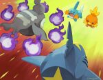  black_eyes closed_mouth commentary duskull energy gen_3_pokemon highres mudkip no_humans open_mouth pokemon pokemon_(creature) pokemon_battle sharpedo signature tongue torchic uninori 