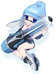  1girl :p ballpoint_splatling_(splatoon) bangs bazumi beanie black_shorts blue_eyes blue_hair blue_headwear blue_shirt blue_tongue blunt_bangs blunt_ends boots closed_mouth colored_tongue dolphin_shorts fang floating full_body hat highres holding holding_weapon inkling layered_sleeves licking_lips logo long_hair long_sleeves looking_at_viewer pointy_ears purple_shirt shadow shirt short_over_long_sleeves short_shorts short_sleeves shorts simple_background skin_fang smile solo splatoon_(series) splatoon_2 straight-laced_footwear tentacle_hair tongue tongue_out v weapon white_background white_footwear 