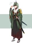  1boy alternate_costume armor black_gloves black_hakama fingerless_gloves gloves green_hair green_kimono hakama hakama_skirt highres horns japanese_armor japanese_clothes katana kimono kumo_desu_ga_nani_ka? kuroko_(ku_rogitune96) looking_at_viewer multicolored_hair oni oni_horns red_eyes scabbard sheath shoulder_armor skirt sode solo sword twitter_username two-tone_hair visor weapon white_kimono wrath_(kumo_desu_ga_nani_ka?) 