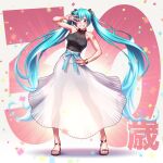  1girl ;d alternate_costume aqua_eyes aqua_hair arm_up armpits black_shirt bracelet breasts collarbone commentary confetti emphasis_lines eyebrows_visible_through_hair full_body grin hair_between_eyes hand_on_hip hand_to_head hand_up hatsune_miku highres jewelry legs long_hair looking_at_viewer medium_breasts middle_w nail_polish one_eye_closed open_mouth sandals sash see-through see-through_silhouette see-through_skirt shirt silhouette skirt sleeveless smile solo taut_clothes taut_shirt tight tight_shirt toeless_footwear toenail_polish toenails toes translated twintails very_long_hair vocaloid w white_skirt wokada 