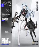  1girl :o artist_request assault_rifle bangs black_bodysuit black_gloves blush bodysuit breasts character_name check_artist commentary_request copyright_name crossed_arms eyebrows_visible_through_hair full_body girls&#039;_frontline gloves green_eyes gun gyaku_tsubasa h&amp;k_hk416 hair_ornament hairclip headphones highres hk416_(girls&#039;_frontline) hk416_(midnight_evangelion)_(girls&#039;_frontline) holding holding_gun holding_weapon light_blue_hair long_hair looking_at_viewer medium_breasts multicolored_bodysuit multicolored_clothes official_art open_mouth promotional_art rifle simple_background solo standing standing_on_one_leg teardrop_facial_mark teardrop_tattoo torn_bodysuit torn_clothes weapon white_bodysuit 