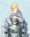  1boy alphonse_elric armor bangs blonde_hair carrying closed_mouth elbow_spikes eyelashes facing_away fingernails from_above fullmetal_alchemist grey_sweater hand_rest happy helmet horizontal_stripes light_blue_background light_blush loincloth long_sleeves looking_afar male_focus pai_(1111) piggyback puffy_long_sleeves puffy_sleeves shoulder_spikes simple_background smile spiked_helmet spikes striped striped_background sweater swept_bangs tareme yellow_eyes 