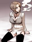 1girl absurdres beige_background black_legwear breasts cigarette garter_straps gigle highres light_brown_hair looking_to_the_side mole mole_under_eye original shirt short_hair simple_background smoking solo thighhighs white_shirt 