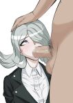  1boy 1girl akisora bangs black_jacket censored collared_shirt commentary_request danganronpa_(series) danganronpa_3_(anime) dress_shirt fellatio from_side grey_hair hair_over_one_eye hand_on_another&#039;s_head hetero irrumatio jacket kimura_seiko long_hair looking_up male_pubic_hair mask mosaic_censoring mouth_mask no_mask oral penis pubic_hair purple_eyes shiny shiny_hair shirt simple_background surgical_mask testicles upper_body white_background white_shirt 