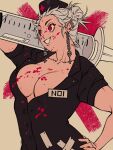  1girl abs absurdres bangs blood breasts cleavage dorohedoro dress earrings hat highres jewelry large_breasts long_hair looking_at_viewer muscular muscular_female noi_(dorohedoro) nurse nurse_cap open_mouth priscilla_(bampshi) red_eyes simple_background smile solo white_hair 