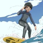  1girl alternate_costume anatamo androgynous artist_name black_hair black_wetsuit blue_sky bodysuit brown_eyes cloud commentary_request dated day kantai_collection mogami_(kancolle) one-hour_drawing_challenge outdoors short_hair sky solo surfing twitter_username wetsuit 