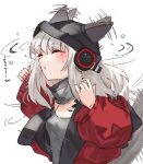  1girl absurdres animal_ears arknights bangs black_headwear breasts closed_eyes commentary_request ear_wiggle fox_ears frostleaf_(arknights) grey_shirt hat headphones highres implied_extra_ears jacket long_hair nail_polish oripathy_lesion_(arknights) raw_egg_lent red_jacket red_nails shirt silver_hair small_breasts solo translation_request upper_body wet white_background 