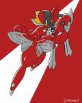 bisharp black_eyes claws closed_mouth commentary_request eye_contact frown gen_2_pokemon gen_5_pokemon highres looking_at_another no_humans orange_eyes pokemon pokemon_(creature) scizor signature two-tone_background uninori 