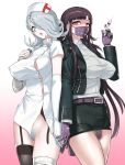  2girls akisora bandaged_arm bandaged_leg bandages bangs black_hair black_jacket black_skirt blunt_bangs breasts danganronpa_(series) danganronpa_2:_goodbye_despair danganronpa_3_(anime) elbow_gloves female_pubic_hair flipped_hair garter_straps gloves gradient gradient_background grey_background grey_hair grey_shirt hair_over_one_eye hand_up hat highres holding holding_hands holding_syringe jacket kimura_seiko large_breasts long_hair long_sleeves looking_at_viewer mask miniskirt mouth_mask multiple_girls nipples no_panties nurse nurse_cap open_clothes open_jacket pubic_hair purple_gloves shirt short_sleeves single_thighhigh skirt syringe thighhighs tsumiki_mikan white_gloves white_jacket white_shirt yuri 