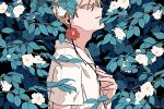  1boy black_background blonde_hair branch camellia collared_shirt commentary_request earbuds earphones flower from_side hand_on_own_chest kankara_nashi leaf looking_at_viewer male_focus original parted_lips red_flower shirt short_hair short_sleeves sideways_glance solo twitter_username upper_body white_flower white_shirt yellow_eyes 