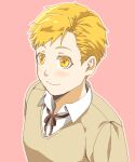  1boy alphonse_elric arms_at_sides bangs beige_cardigan beige_outline blonde_eyelashes blonde_hair brown_ribbon cardigan close-up closed_mouth collared_shirt colored_eyelashes dress_shirt eyelashes from_above fullmetal_alchemist happy light_blush looking_afar male_focus neck_ribbon outline pai_(1111) pastel_colors pink_background ribbon school_uniform shirt simple_background smile swept_bangs tareme upper_body white_shirt 