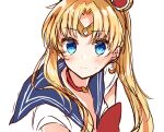  1girl bangs bishoujo_senshi_sailor_moon blonde_hair blue_eyes blue_sailor_collar bow bowtie breasts choker circlet cleavage closed_mouth commentary_request crescent crescent_earrings derivative_work earrings english_commentary eyebrows_visible_through_hair from_side hair_ornament hair_over_shoulder heart heart_choker highres jewelry long_hair magical_girl parted_bangs parted_lips red_bow red_bowtie red_choker sailor_collar sailor_moon sailor_moon_redraw_challenge sailor_senshi_uniform school_uniform screencap_redraw serafuku simple_background solo sweatdrop tsukino_usagi twintails upper_body white_background yuno_(suke_yuno) 