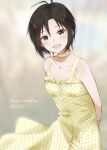  1girl antenna_hair arms_behind_back black_hair buttons choker dated dress grey_eyes happy_birthday highres idolmaster idolmaster_(classic) idolmaster_2 idolmaster_million_live! idolmaster_million_live!_theater_days kikuchi_makoto looking_at_viewer mogskg short_hair smile solo yellow_dress 