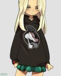  1girl black_hoodie blonde_hair clenched_hand garfield green_skirt grey_background highres hood hoodie long_hair looking_at_viewer making-of_available miniskirt odie_(garfield) onionsketch original plaid plaid_skirt print_hoodie skirt solo v-shaped_eyebrows 