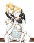  2boys :&lt; ahoge alphonse_elric arms_around_neck bangs bent_over between_legs black_shirt blonde_hair brothers closed_mouth edward_elric elbow_on_knee feet_out_of_frame fingernails fullmetal_alchemist hand_between_legs hand_on_another&#039;s_shoulder hand_up heads_together hug hug_from_behind light_blush light_smile long_sleeves looking_at_another looking_back looking_down looking_to_the_side male_focus multiple_boys one_eye_closed pai_(1111) pants parted_bangs parted_lips shiny shiny_hair shirt siblings simple_background sitting sleeves_rolled_up spread_legs sweatdrop swept_bangs tareme white_background white_pants white_shirt wrist_grab yellow_eyes 