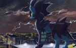  building city cloud colored_sclera commentary_request gen_4_pokemon lightning luxray no_humans outdoors pokemon pokemon_(creature) red_sclera solo standing uninori yellow_eyes 