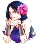  1girl 89g artist_name black_hair blue_eyes bracelet dc_comics donna_troy earrings flower hair_flower hair_ornament jewelry long_hair looking_at_viewer solo sparkle teen_titans white_background 