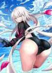  1girl absurdres ahoge ass back bent_over bikini black_gloves blue_sky cloud cloudy_sky commentary_request fate/grand_order fate_(series) gloves grin harukey highres jeanne_d&#039;arc_(alter_swimsuit_berserker)_(fate) jeanne_d&#039;arc_(fate)_(all) long_hair looking_at_viewer mountain mullet ocean outdoors petals sky smile solo swimsuit thick_thighs thighhighs thighs very_long_hair water wet wet_clothes wet_swimsuit white_hair yellow_eyes 
