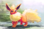  :3 closed_mouth commentary flareon full_body gen_1_pokemon looking_to_the_side no_humans pokemon pokemon_(creature) signature smile solo toes uninori 