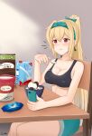  1girl among_us artist_name black_tank_top blonde_hair blush breasts cellphone cleavage closed_mouth collarbone crewmate_(among_us) eyebrows_visible_through_hair food gamryous girls&#039;_frontline green_ribbon hair_ribbon hairband highres holding holding_phone ice_cream jewelry long_hair looking_away medium_breasts phone ponytail red_eyes ribbon ring russian_flag simple_background sitting smartphone solo sports_bra sv-98_(girls&#039;_frontline) table tank_top very_long_hair 